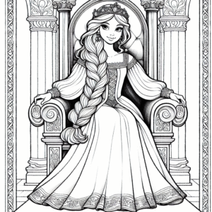 Coloring page of a enchanted princess, charming leader sitting on a throne