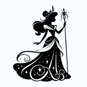 Coloring page of a enchanted princess, gentle dreamer holding a scepter