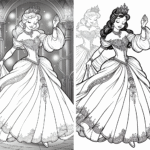 Coloring page of a fairy-tale heroine, kind ruler dancing at a ball