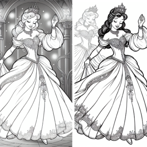 Coloring page of a fairy-tale heroine, kind ruler dancing at a ball
