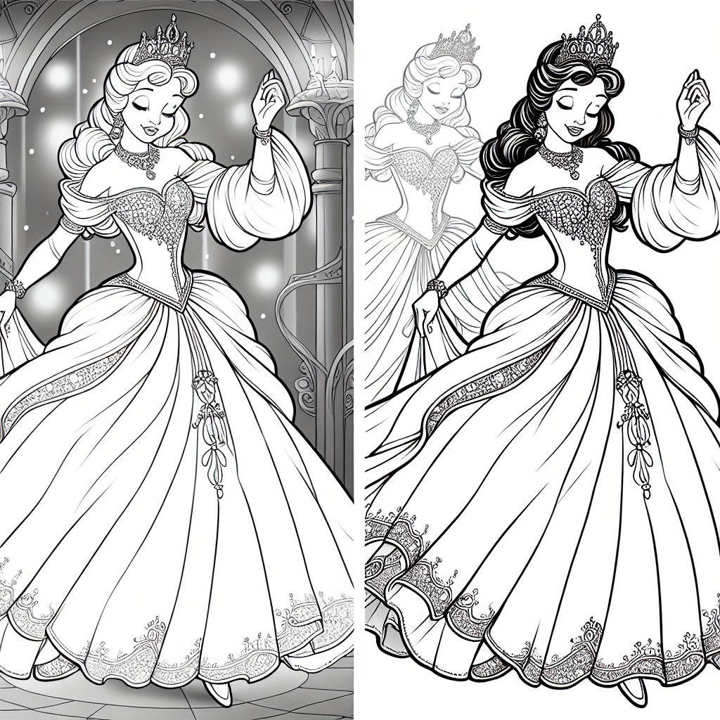 Coloring page of a fairy-tale heroine, kind ruler dancing at a ball