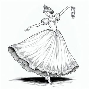 Coloring page of a fairy-tale heroine, noble protector dancing at a ball