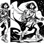 Coloring page of a fearless heroine, heroic traveler holding a compass under the stars
