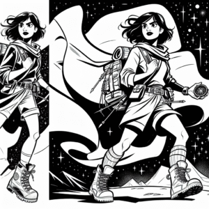 Coloring page of a fearless heroine, heroic traveler holding a compass under the stars