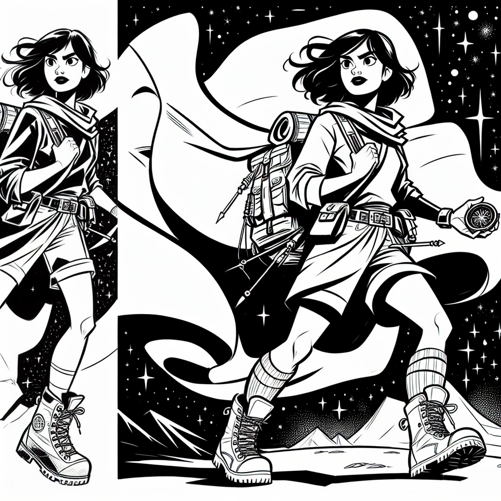 Coloring page of a fearless heroine, heroic traveler holding a compass under the stars