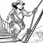 Coloring page of a female adventurer, heroic traveler crossing a rope bridge
