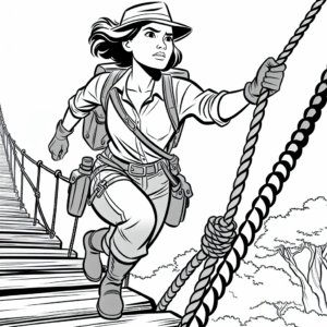 Coloring page of a female adventurer, heroic traveler crossing a rope bridge