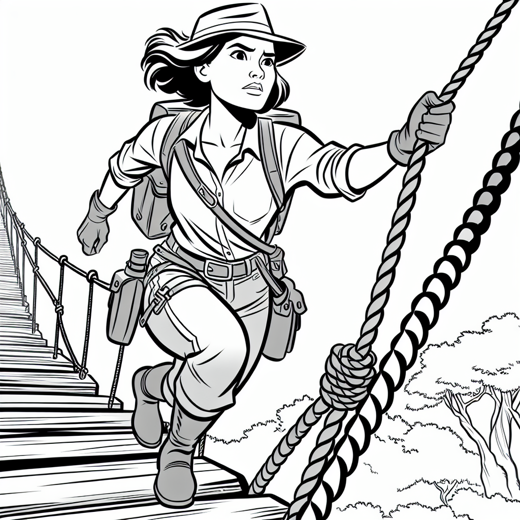 Coloring page of a female adventurer, heroic traveler crossing a rope bridge