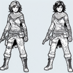 Coloring page of a female adventurer, heroic traveler discovering a hidden temple