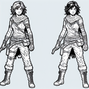 Coloring page of a female adventurer, heroic traveler discovering a hidden temple