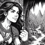 Coloring page of a female adventurer, heroic traveler exploring a cave