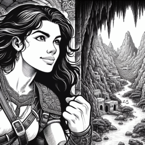 Coloring page of a female adventurer, heroic traveler exploring a cave