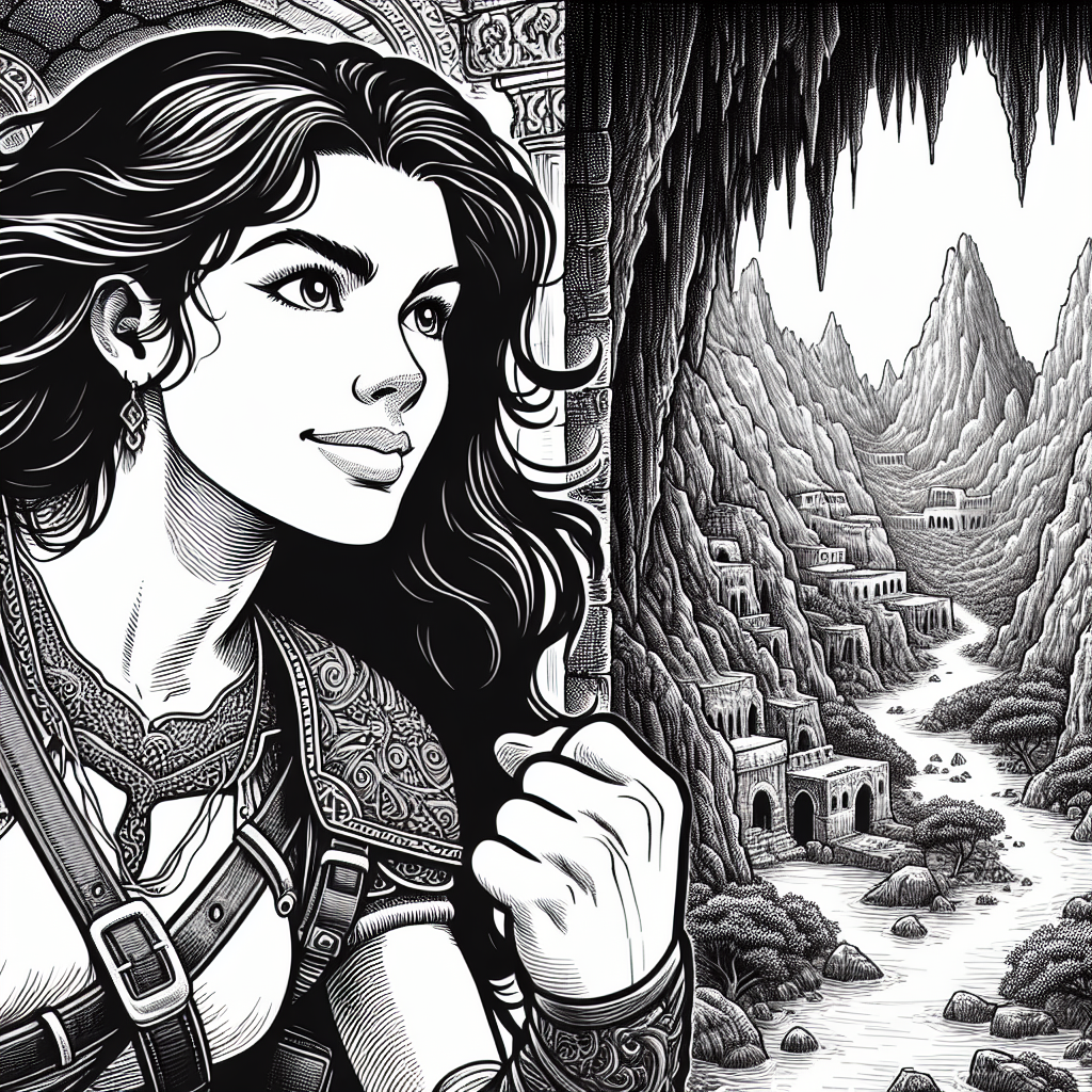 Coloring page of a female adventurer, heroic traveler exploring a cave