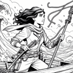 Coloring page of a female adventurer, ruins investigator navigating a stormy sea