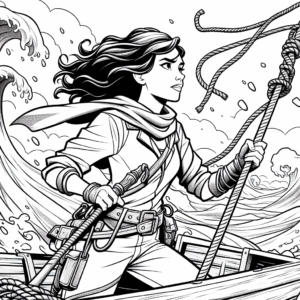 Coloring page of a female adventurer, ruins investigator navigating a stormy sea