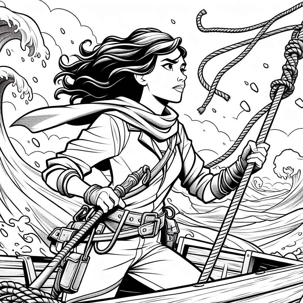 Coloring page of a female adventurer, ruins investigator navigating a stormy sea