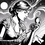 Coloring page of a female adventurer, timeworn map reader holding a compass under the stars