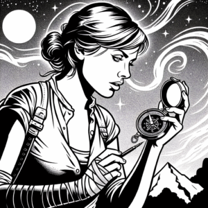 Coloring page of a female adventurer, timeworn map reader holding a compass under the stars