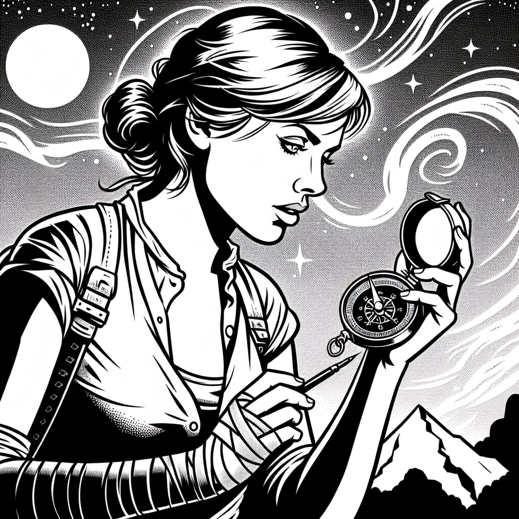 Coloring page of a female adventurer, timeworn map reader holding a compass under the stars