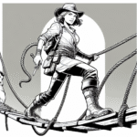 Coloring page of a female adventurer, treasure hunter crossing a rope bridge