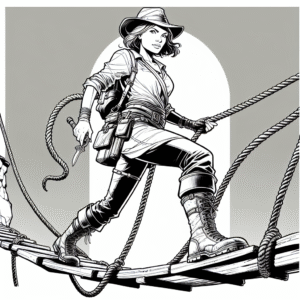 Coloring page of a female adventurer, treasure hunter crossing a rope bridge