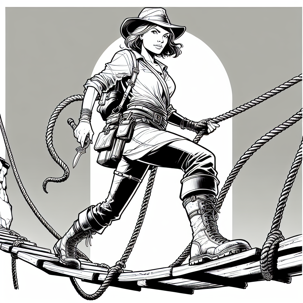 Coloring page of a female adventurer, treasure hunter crossing a rope bridge
