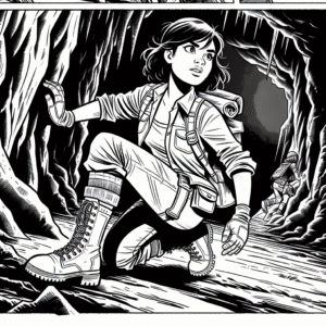 Coloring page of a female adventurer, wilderness survivor exploring a cave