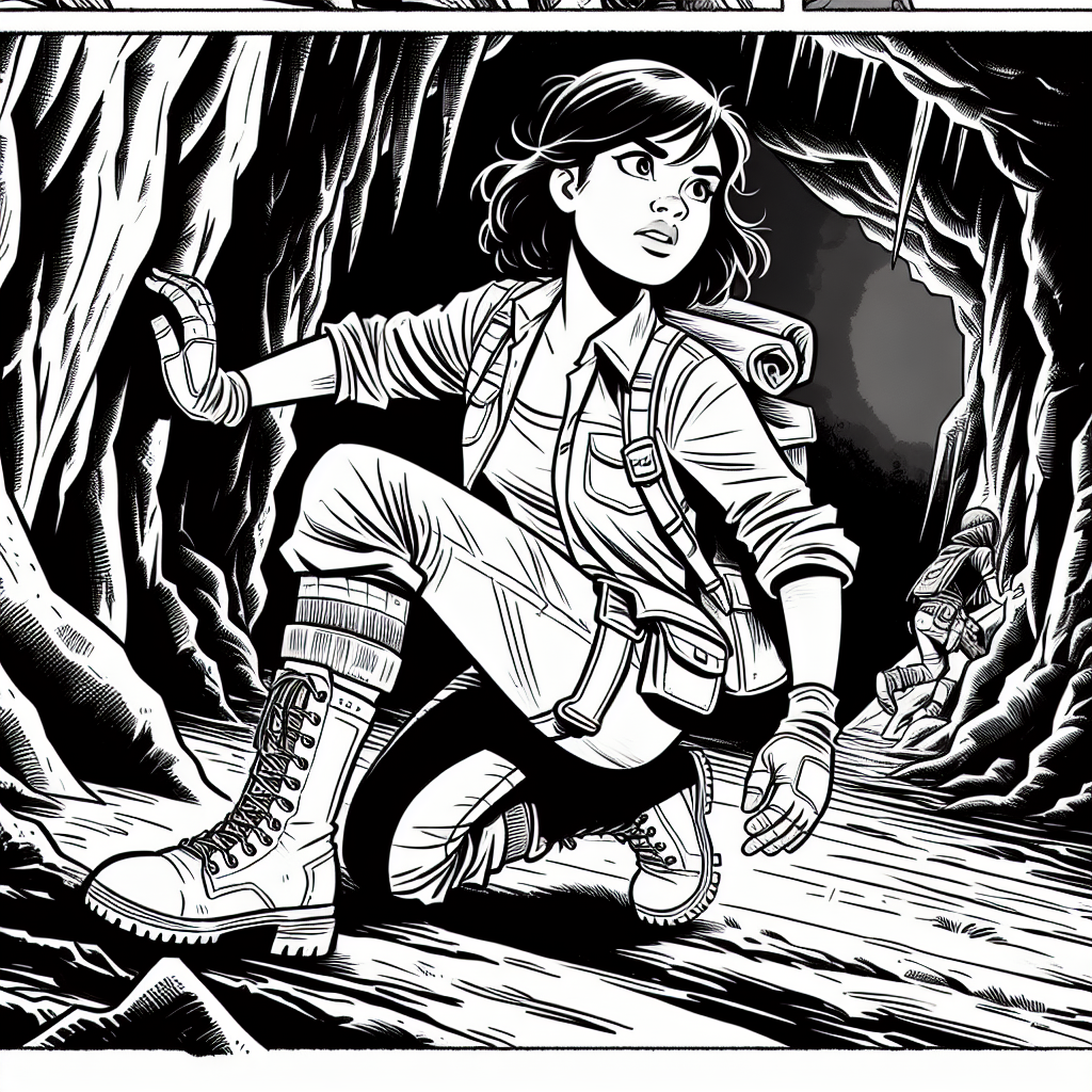 Coloring page of a female adventurer, wilderness survivor exploring a cave