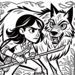 Coloring page of a female adventurer, wilderness survivor facing a wild beast