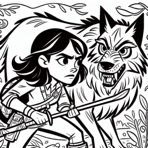 Coloring page of a female adventurer, wilderness survivor facing a wild beast