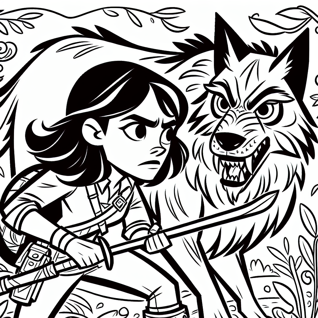 Coloring page of a female adventurer, wilderness survivor facing a wild beast