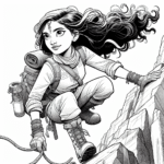 Coloring page of a female adventurer, wilderness survivor scaling a cliff