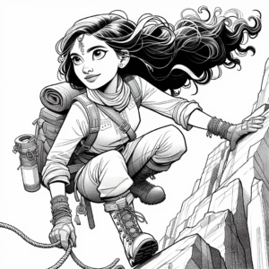 Coloring page of a female adventurer, wilderness survivor scaling a cliff