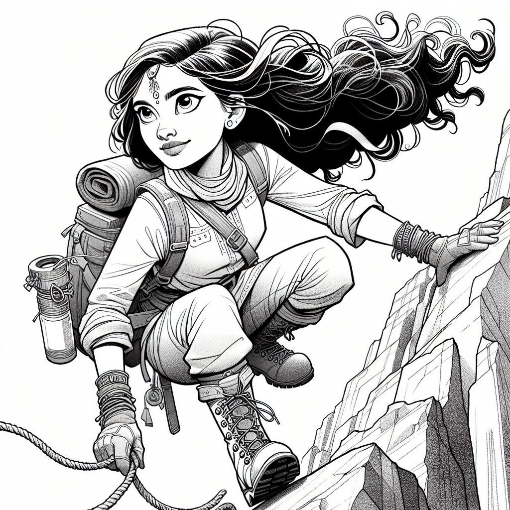 Coloring page of a female adventurer, wilderness survivor scaling a cliff