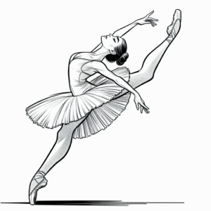 Coloring page of a female dancer, ballet performer stretching