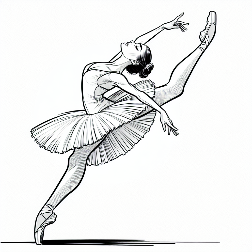 Coloring page of a female dancer, ballet performer stretching