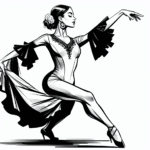 Coloring page of a female dancer, flamenco artist jumping mid-air