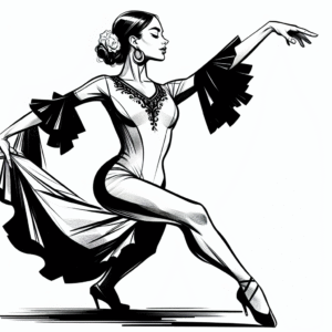 Coloring page of a female dancer, flamenco artist jumping mid-air
