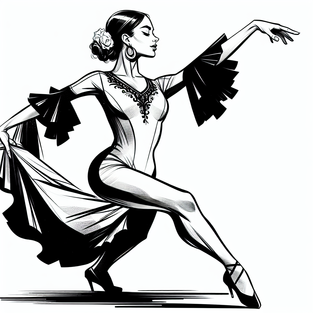Coloring page of a female dancer, flamenco artist jumping mid-air