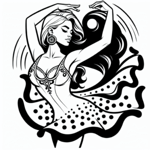 Coloring page of a female dancer, flamenco artist spinning gracefully