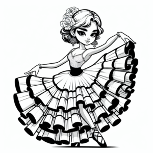 Coloring page of a female dancer, flamenco artist stretching
