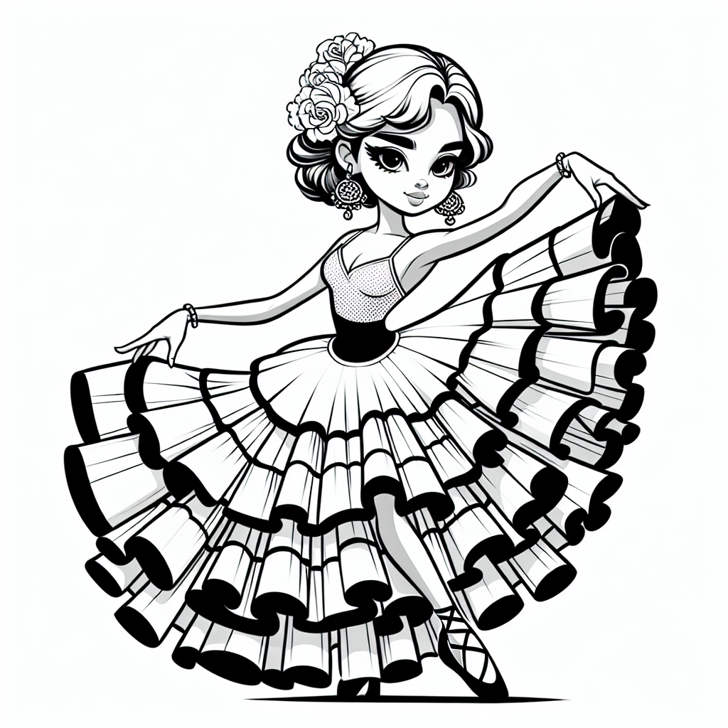 Coloring page of a female dancer, flamenco artist stretching