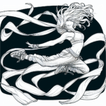 Coloring page of a female dancer, hip-hop dancer jumping mid-air