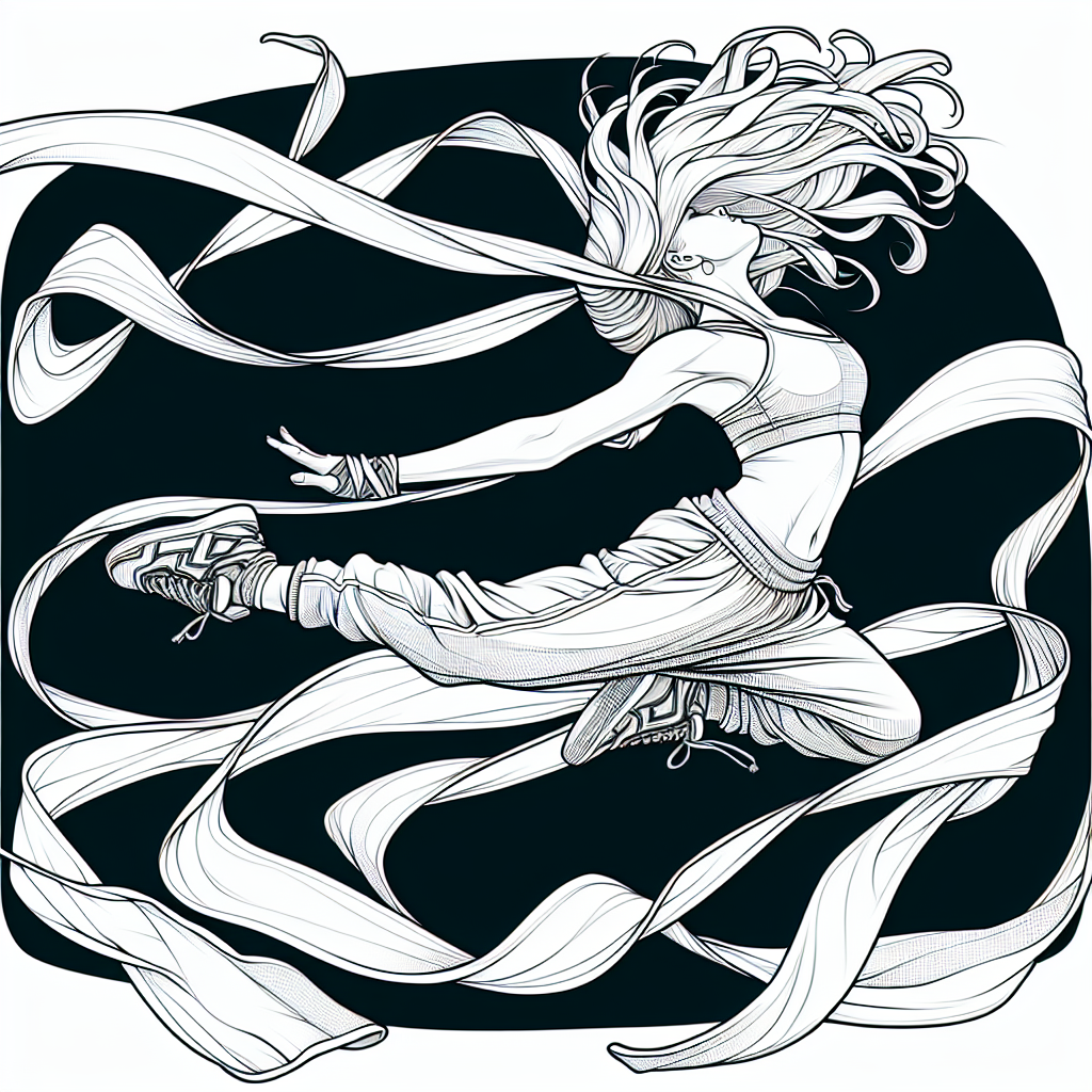 Coloring page of a female dancer, hip-hop dancer jumping mid-air