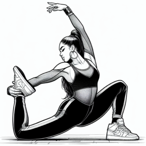 Coloring page of a female dancer, hip-hop dancer stretching