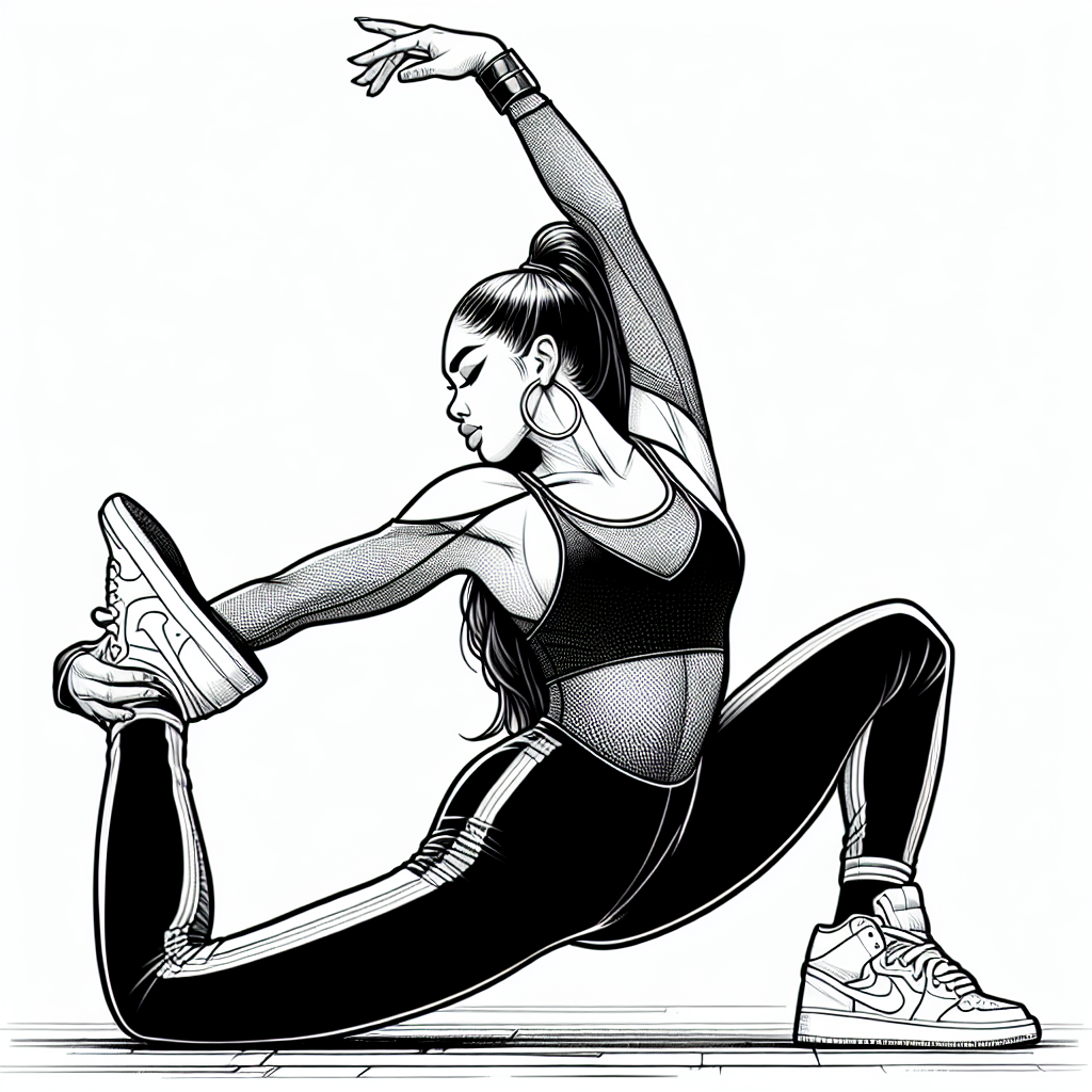Coloring page of a female dancer, hip-hop dancer stretching
