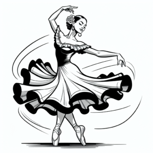 Coloring page of a female dancer, salsa performer spinning gracefully