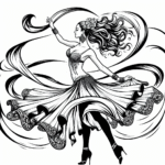 Coloring page of a female dancer, salsa performer spinning gracefully