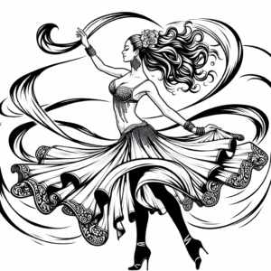 Coloring page of a female dancer, salsa performer spinning gracefully