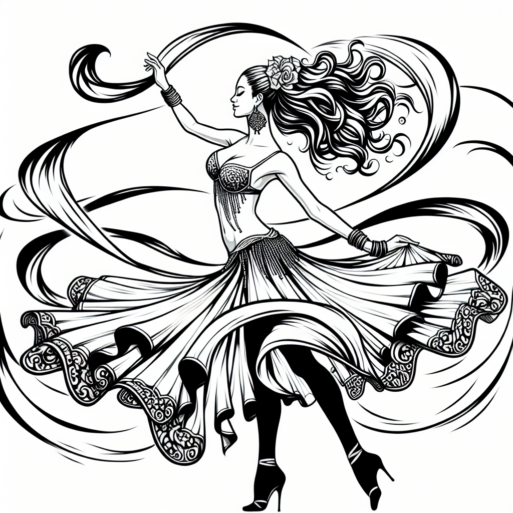 Coloring page of a female dancer, salsa performer spinning gracefully